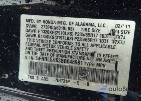 2011 Honda Odyssey Ex-L z USA, uszkodzony, nr VIN 5FNRL5H63BB046981